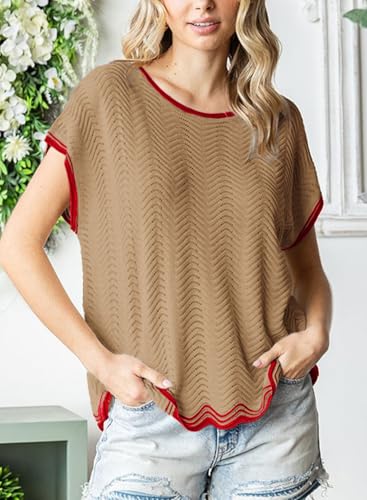 Image of Dokotoo Womens Summer Tops Casual Short Sleeve Wavy Crochet Crewneck Color Block Lightweight Knit Loose Pullover Sweaters