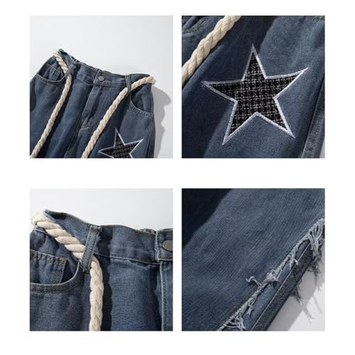 Men's Elastic Waist Jeans Embroidered Star Baggy Straight Leg Denim Pants Trendy Loose Skate Jean Pants4
