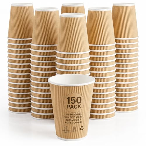 Image of NYHI 150 10 oz Ripple Kraft Paper Cups Brown Hot Cold Cups 3 Layer Rippled Small Insulated Disposable Coffee Cups for Cappuccino Hot Cocoa or Iced Drinks