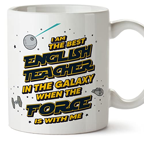 MUGFFINS Tazas para PROFESORA DE INGLÉS - En Inglés - Best in The Galaxy The Force is With Me - 11 oz / 330 ml - Regalo original y divertido