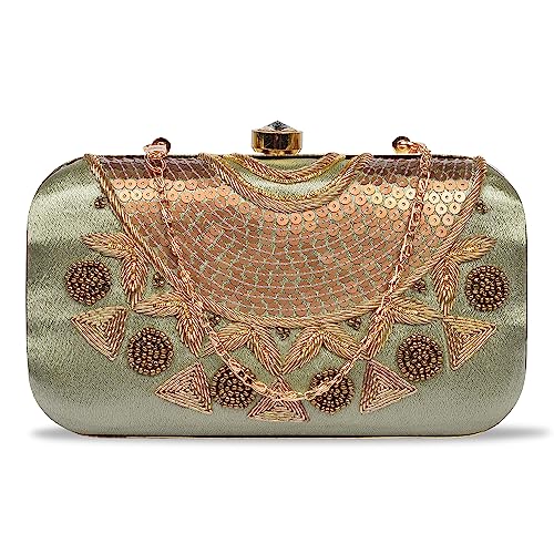 Image of umera golden clutch for womens neck work full of embroidery for girls, Women's Beautiful Bling Bag | Evening Bag, Bridal Purse & Party Handbag | Wedding & Special Occasion Clutch