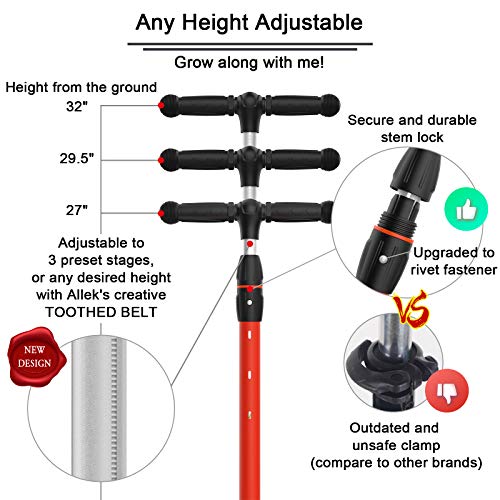 Image of Allek Kick Scooter B03, Lean 'N Glide 3-Wheeled Push Scooter with Extra Wide PU Light-Up Wheels, Any Height Adjustable Handlebar and Strong Thick Deck for Children from 3-12yrs (Red)