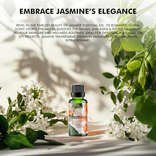 Image of Esslux Jasmine Essential Oil | 100% Natural Aromatherapy Oil for Skin Care | Perfect for Diffusers, Candle, and Soap Making | Invigorating Scent for DIY Projects, 60 ML