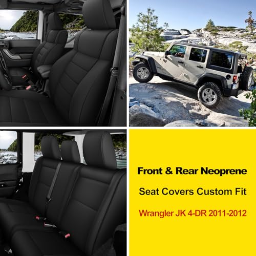 Image of GIANT PANDA Neoprene Seat Covers for Jeep Wrangler JK 4-Door (2011-2012), Neoprene UV&Waterproof, Foam Padded, Front & Rear Seat Covers(Black)