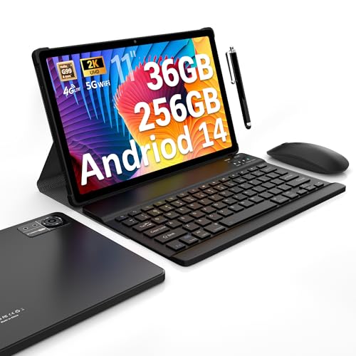 FASTWD Android 14 Tablet 11 Zoll 36GB RAM+256GB ROM (1TB TF), 9580mAh, 5G WiFi 4G LTE/Octa-Core, 2000 x 1200HD, GPS, GMS, BT 5.0, FaceID, Mit Tastatur, Maus, Holster, Stift, Schwarz