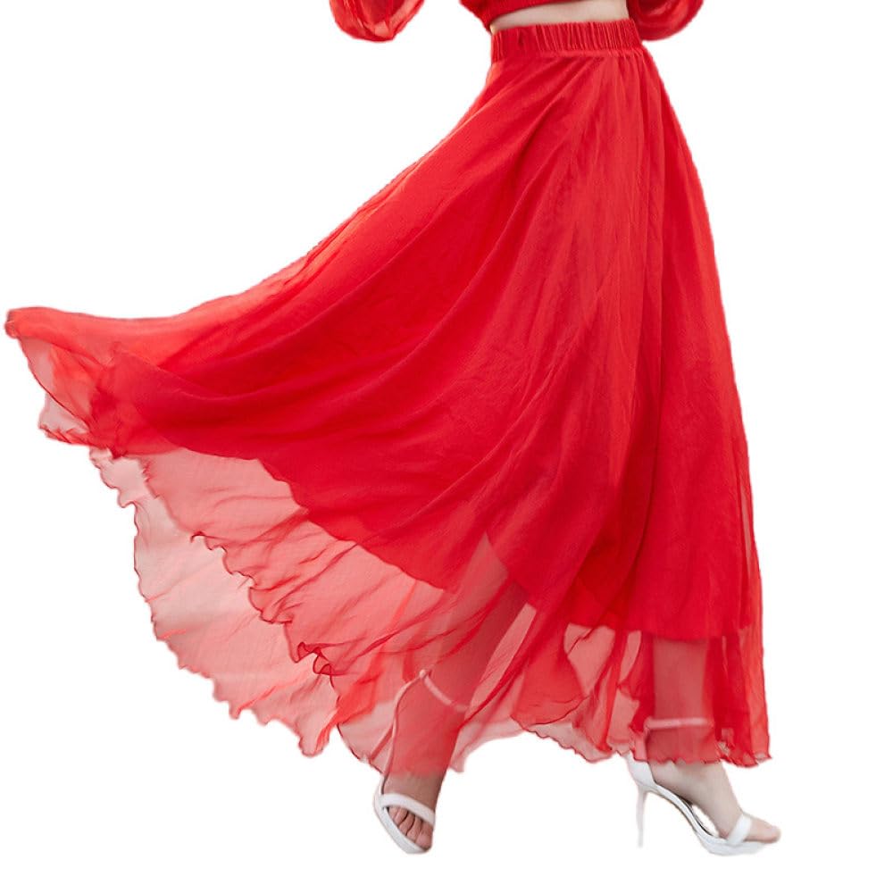 TatbUL Gonne A Ruota,Gonna Midi in Chiffon Rosso da Donna Boho 8M Grande Gonna A Pieghe Altalena Leggera A-Line Increspato Ruffle Mopping Floor Beach Gonne Lunghe per Ragazze Ladies