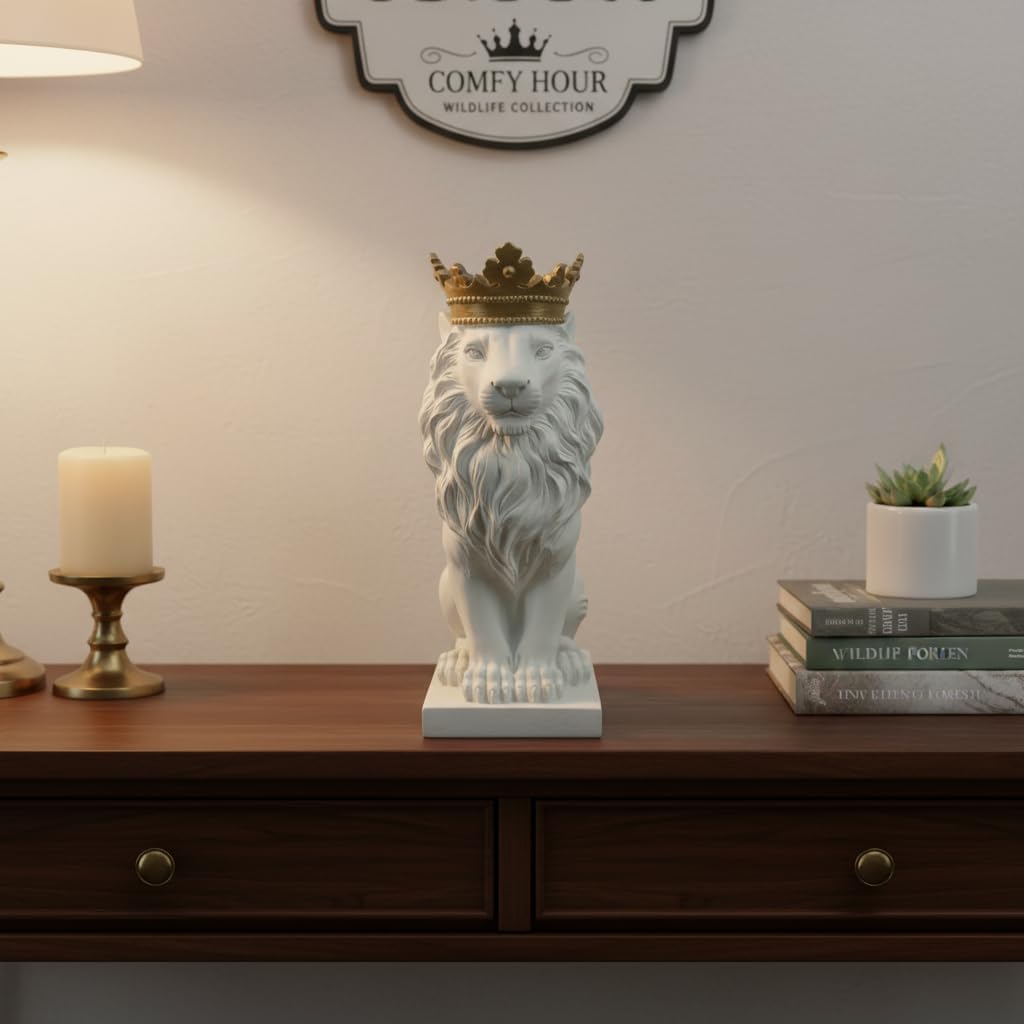 Comfy Hour 16" Large Lion Statue with Gold Crown, Decorative White Feline Figurine for Home Office Shelf, Regal Wildlife Art Sculpture, Polyresin Desktop Accent, 1 Unit
