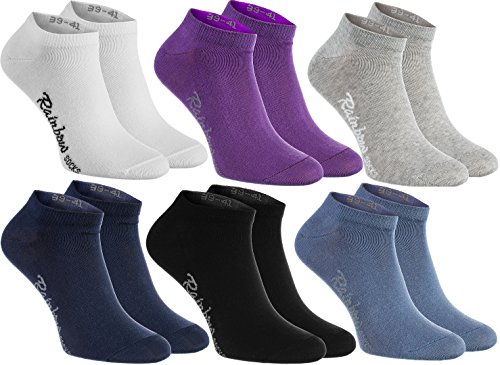 Rainbow Socks - Hombre Mujer Calcetines Cortos Colores de Algodón - 6 Pares - Blanco Púrpura Gris Azul Marino Negro Azul de Vaqueros - Talla 36-38