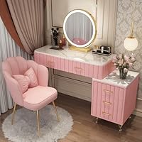 VTELGT Dressing Table with Mirror and Chair, Velvet Vanity Desk with Marble Rock Tabletop and 5 Drawers, Left/Right Adjustable Storage Cabinet, Gold Plated Metal Leg,Pink
