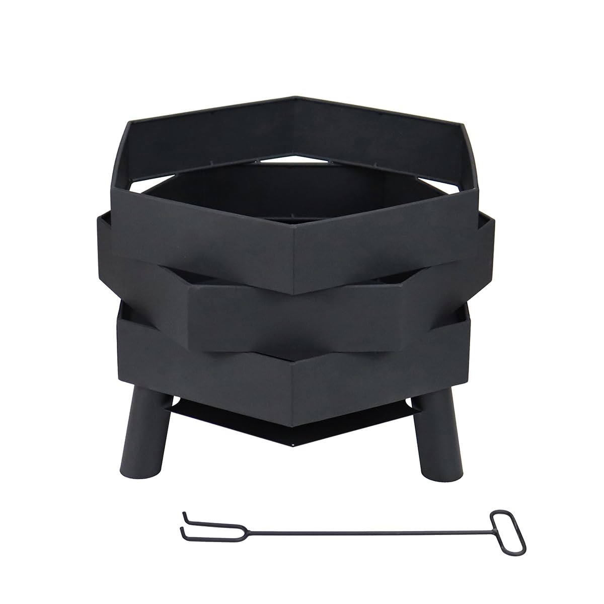 CHARLES BENTLEY Brasero Hexagonal Moderne 46cm, Acier thermolaqué Noir, résistant à la Chaleur et Rouille, avec tisonnier, Design Contemporain (46x46x35.5cm)