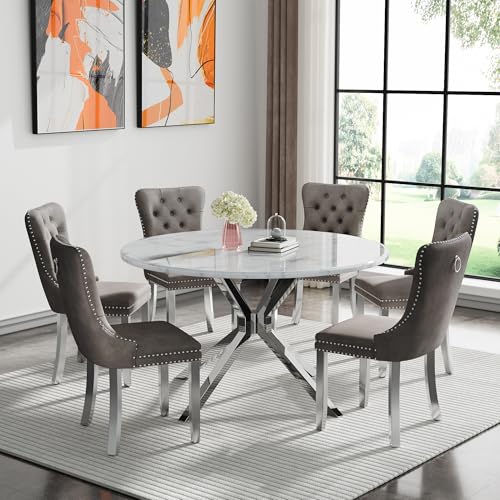 Image of 7-Piece Round Dining Table Set for 6, Modern Faux Marble Kitchen Table and Grey Velvet Chairs Set of 6, Luxury 45 inch Circle White Silver Dining Room Tables with Stainless Steel Cross Legs