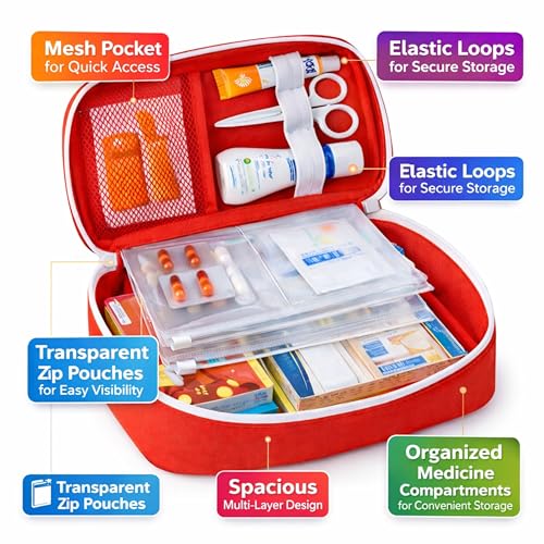 Image of First Aid Kit Bag Portable Medicine Storage Box with Handle Multi-Utility Emergency Organizer with Mesh Pouch & Elastic Loops Spacious & Lightweight Ideal for Home, Travel, Camping & Car Red