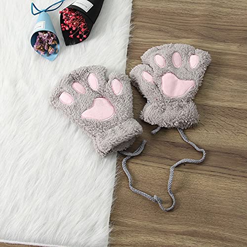 RackboneFleece-Handschuhe für Damen, Katzenpfotenhandschuhe, Kunstfell-Winterhandschuhe, warm, halber Finger, niedlich, Cosplay, Cartoon-Handschuhe, grau