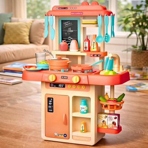 Image of Kids Kitchen Set with Pretend Play Accessories, Water Spray Cooking Effect, Toy Oven, Sink, Storage Shelves & Kitchen Utensils, Role Play Cooking Toy for Boys & Girls (42 Pcs)