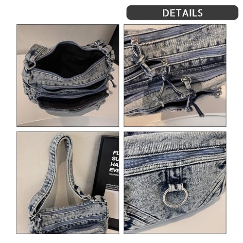 Retro Denim Crossbody Bag for Women, Lightweight Multi-Pocket Tote, Adjustable Strap Metal Zipper Purse4