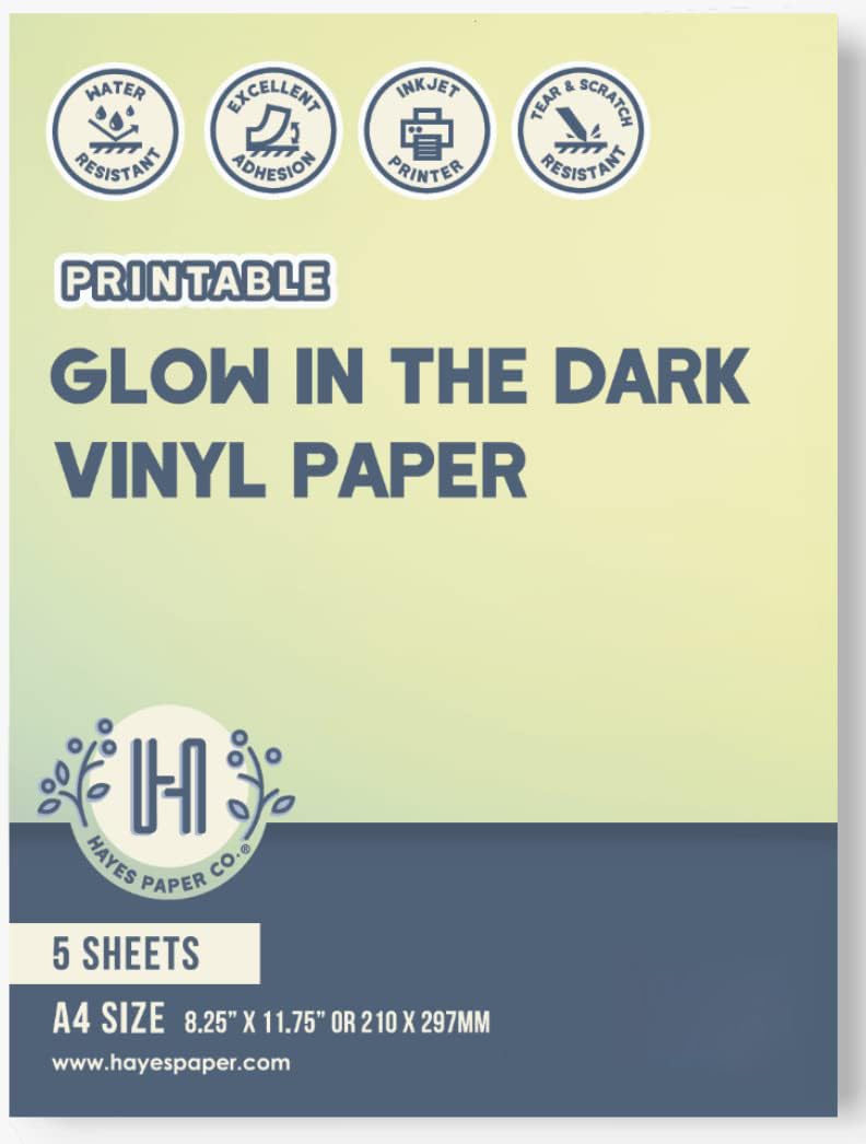 Hayes Paper Co. Papel adhesivo de vinilo imprimible que brilla en la oscuridad, tamaño A4, 5 hojas, perfecto para diseños únicos y llamativos