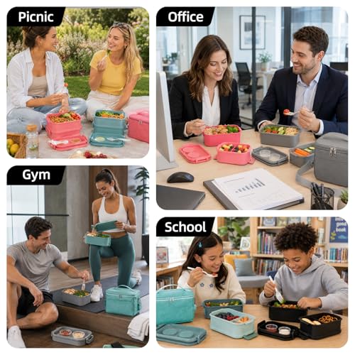 Bento Box Adults Lunch Box - 2130ml Lunch Box for Men with Insulated Lunch Bag, Utensils & Sauce Container, Leak Proof Bento Box for Boys, Reusable Plastic Lunch Containers for Work, Meal Prep, Black — view 6