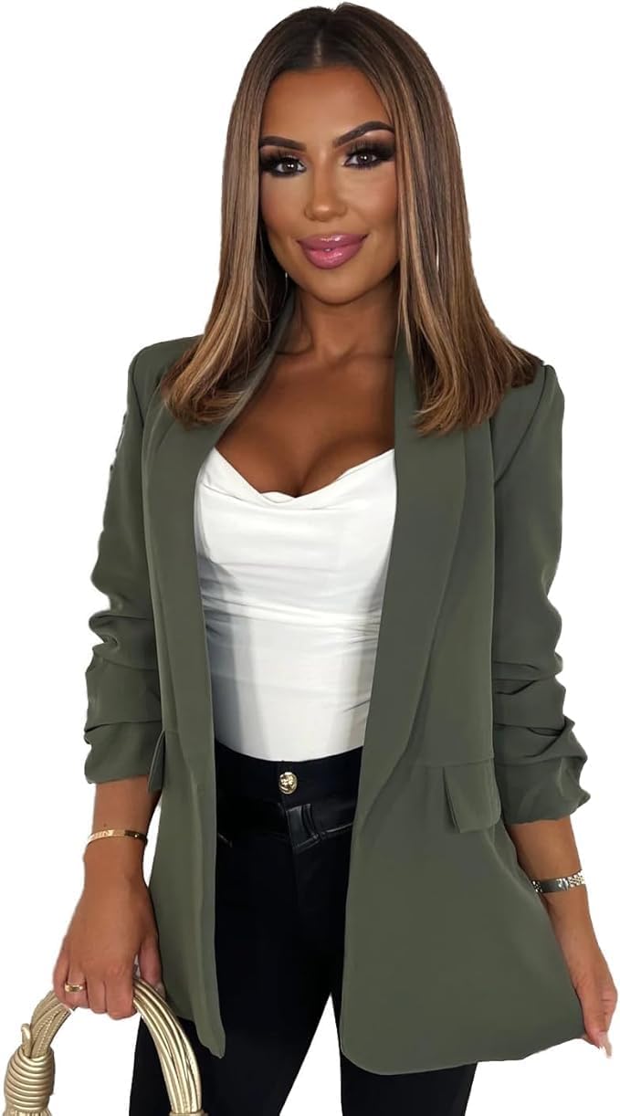 Lined Blazers for Women UK Casual Long Ruched Sleeve Suit Plain Open Jackets Clearance Work Office Womens Coats Cardigan Suit Formal Jacket Top Solid Color Collar Italian Ladies Blazer Coats UK 10-20