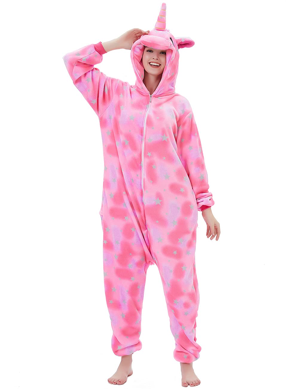 ABENCA Pijama enterizo de unicornio de forro polar para mujer, disfraz de una pieza para adultos, diseño de animales de dibujos animados, Navidad, Halloween, cosplay, C - Unicornio rosa, S