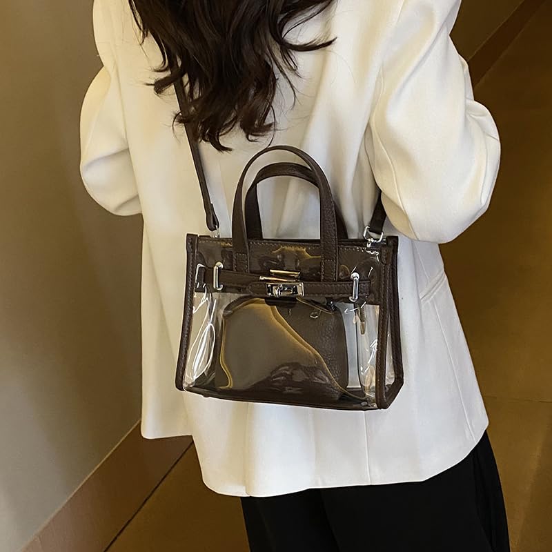 Tote Bag for Women PVC Clear Plastic Handbags PU Leather Shoulder Crossbody Bags Jelly Bags Purses(Coffee)2