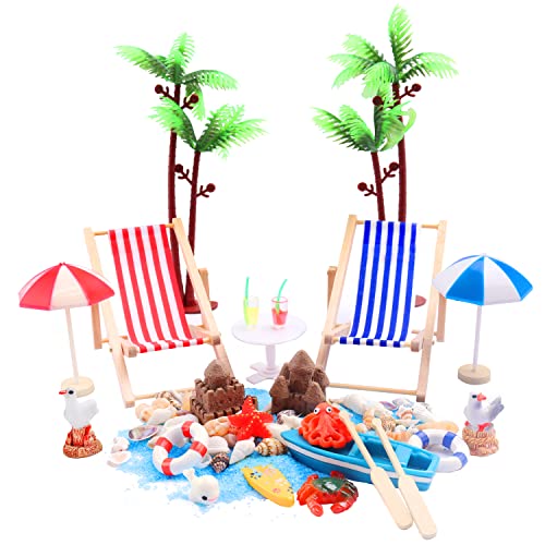 Hiawbon 26 Pieces Miniature Beach Style Craft Decoration Set- Blue Sand Beach Recliner Coconut Trees Beach Umbrellas Crab Pigeon Sand Castle Beach Ornament Kit