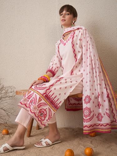 Image of INDO ERA Women's Pure Cotton Straight Ethnic Motifs Printed Inches Kurta With Pant with Dupatta Set (IESTR9762)