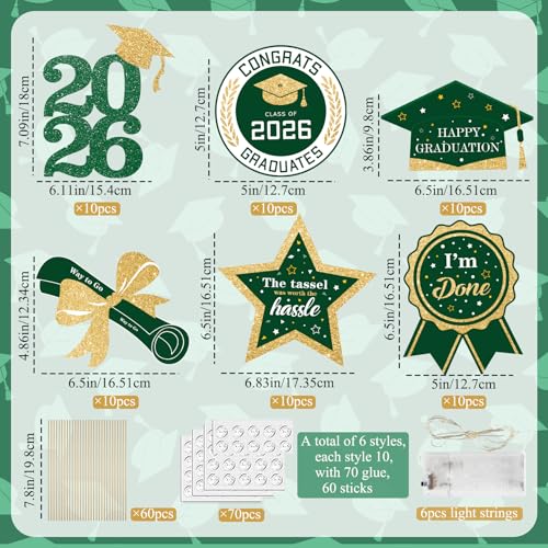 Image of kockuu Glitter Green Gold Graduation Decorations for Class of 2026-60pcs Green Gold Double Sided Graduation Table Centerpieces Sticks with LED String Lights for College High School Grad Party Decor