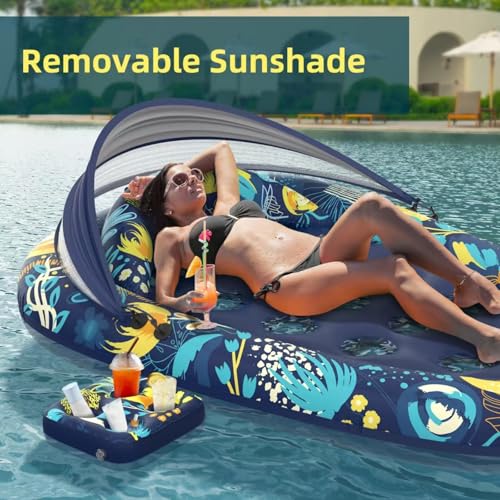 Image of Sunikko X 3-in-1 Pool Floats with Canopy Cup Holder, Tanning Pool Large 73 inch x 48 inch Float Adult Heavy Duty, Inflatable Lounger Raft Floating Chair with Backrest, Swimming Pool Lake Beach Party