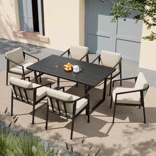 Warmiehomy 7 Pieces Garden Dining Set 160cm Rectangular Garden Table and Chairs Wood Grain Tabletop 6pcs Armchairs with Seat Pads Cushion Outdoor Patio Furniture Set