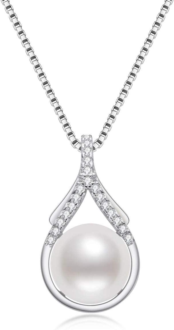 DENGGUANG Pearl Necklaces for Women, Freshwater Cultured Single White Pearl Pendant with 925 Sterling Silver Chain Pearl Jewelry Gifts for Mom Wife