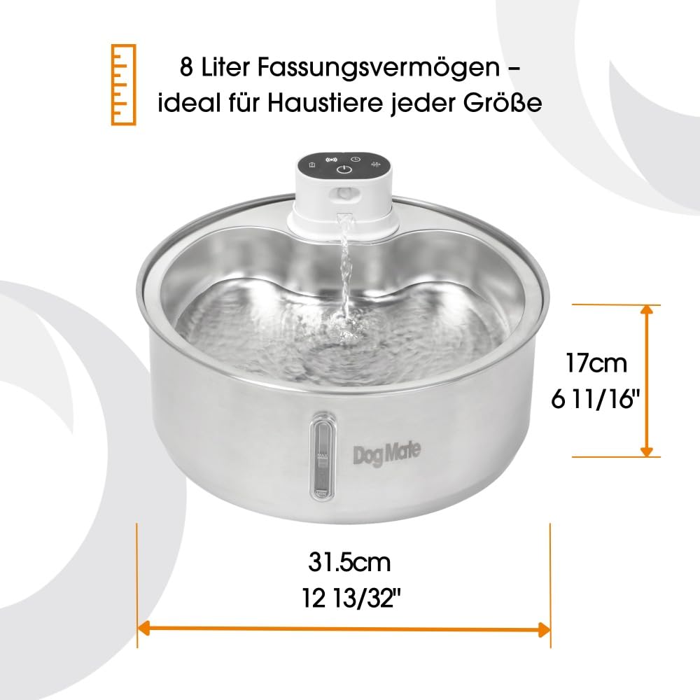 Dog Mate 8 Liter Edelstahl Hunde Trinkbrunnen – Automatischer Wasserspender für große Hunde, Gefilterter Haustierbrunnen, Hygienisch, USB-betrieben