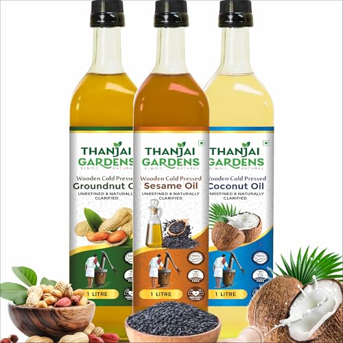 Image of THANJAI GARDENS COCONUT OIL /GROUNDNUT OIL /GINGELLY OIL Wooden Cold Pressed 100% NATURALS