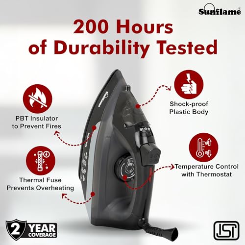 Image of Sunflame 1600 Watt Steam Iron with German Weilburger Non-Stick Coating | Large 220 ml Water Tank | High Steaming Rate I Self Cleaning | Vertical and Horizontal Ironing | 2 Year Warranty by Sunflame
