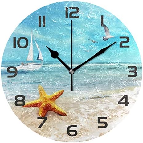One Bear Beautiful Beach Wall Clock Battery Operated Non Ticking, Stylish Starfish Ship Seagull Arabic Numerals Round Wall Clock for Living Room Bathroom Home Decorative