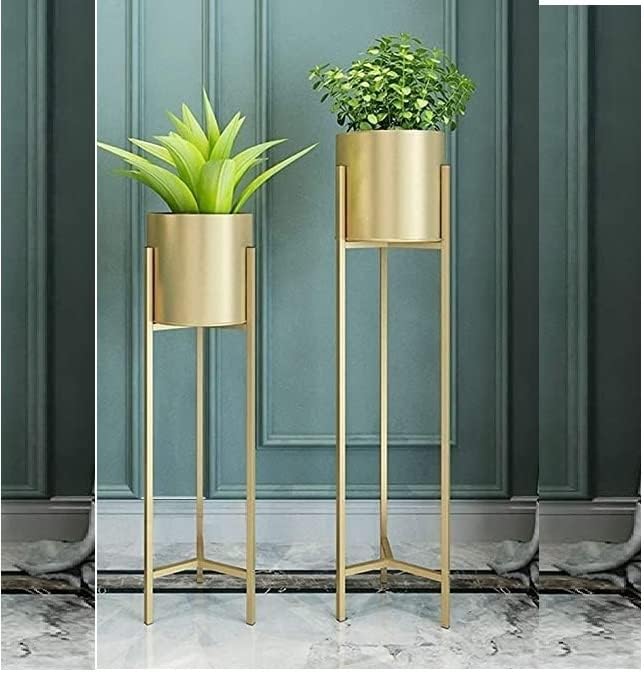 Image of Iron Metal Tall Plant Stand with Pot| Indoor Outdoor Plant Stand| Modern Golden Tall Planter Stand Set of 2 (White /Gold) (BLACK)