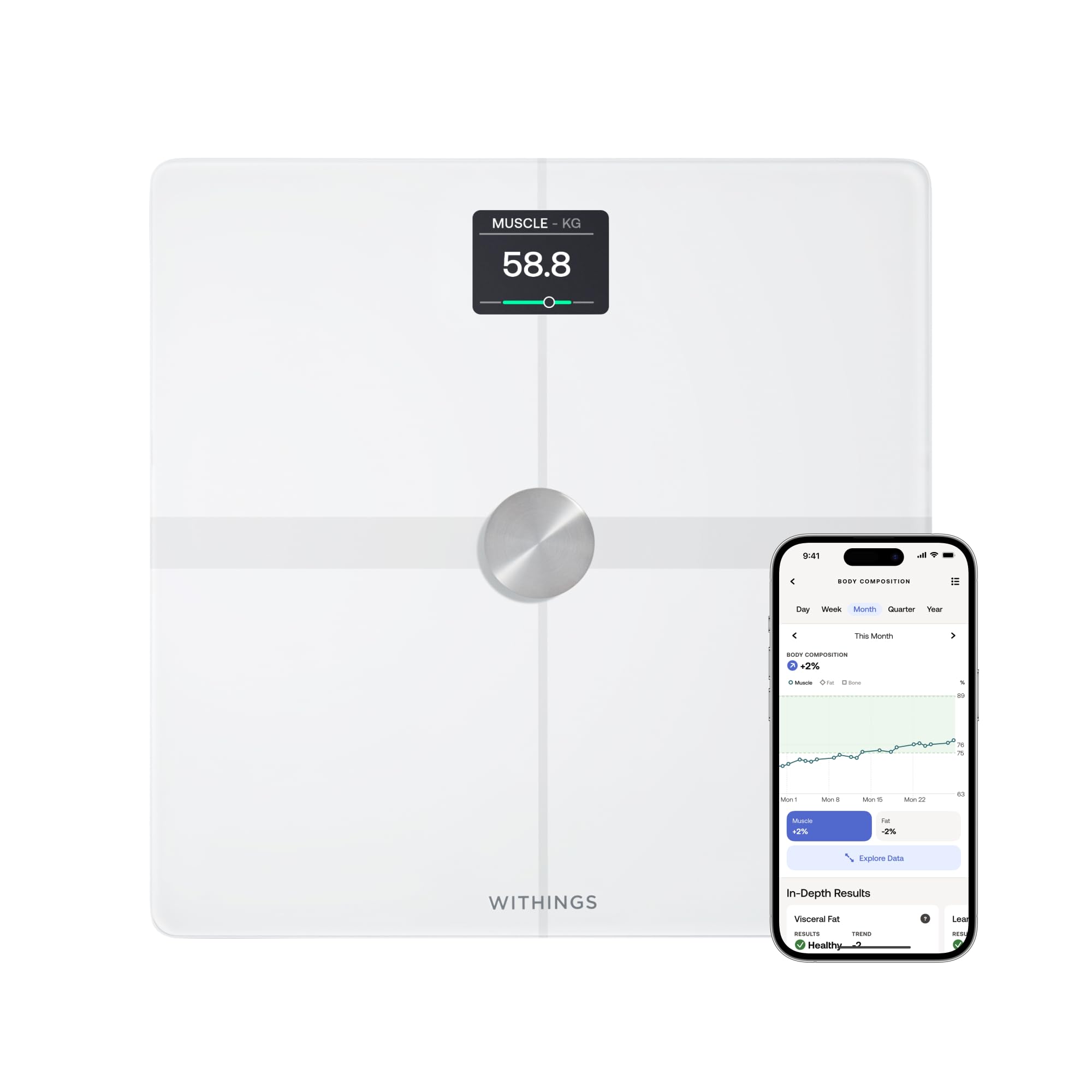 WITHINGS Body Smart - Bilancia pesapersone digitale WLAN/grasso corporeo per una maggiore composizione corporea con massa muscolare, percentuale di acqua, densità ossea, bianco