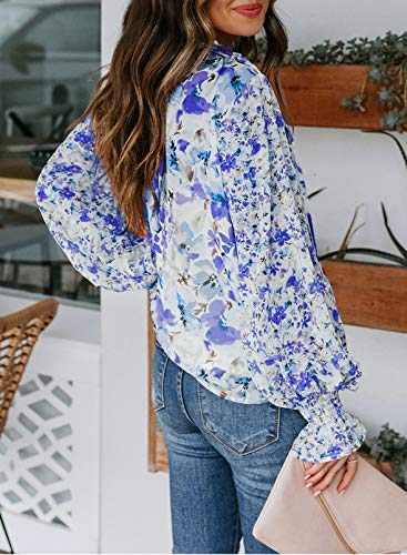 Dokotoo Womens V Neck Boho Tops And Blouses Floral Printed Work Chiffon Long Sleeve Button Down Ladies 2021 Summer Shirts With Drawstring Medium Blue #TOP2