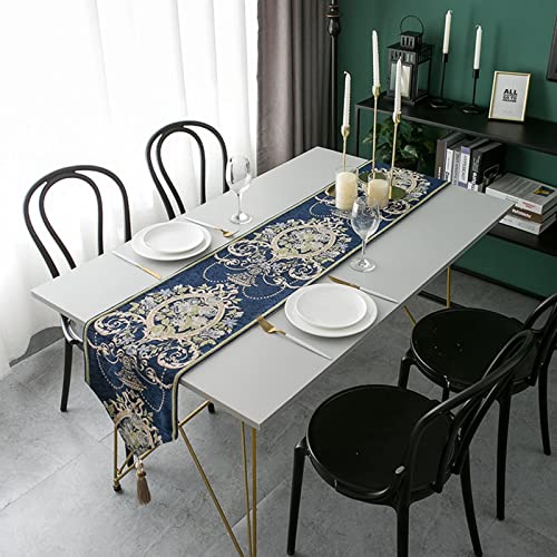 Nappe de table style chemin de table bleu jacquard de salon