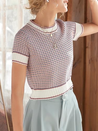 Image of GORGLITTER Women's Short Sleeve Cropped Sweater 2025 Fall Ribbed Knit Striped Pullover Crop Tops