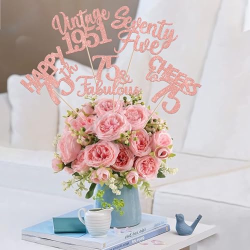 Image of 15 PCS 75th Birthday Centerpiece Sticks Seventy Five Happy 75th Vintage 1951 Table Flower Centerpieces Sticks Cheers to 75 Fabulous Floral Decorations for 75th Birthday Party Supplies Rose Gold