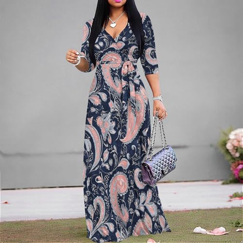Image of PinkPatty Plus Size Maxi Dress for Women Casual V Neck 3 /4 Sleeve Boho Printed Long Dress with Pockets