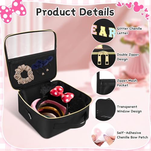 Letter Bow Mouse Ears Travel Case, Park Ears Headband Holder Hair Accessories Organizer Bag for Girls Women Kids Adults, Large Makeup Bag Snack Bags with Zipper for Travel Picnic (Black)3