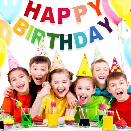 Image of Mindsoft Felt Happy Birthday Garland Rainbow Banner Reusable Happy Birthday Sign Party Supply for Party Decor(Rainbow Color,Normal)