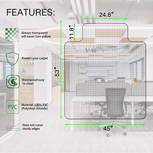 100Pointone Chair Mats For Carpeted Floors - 53'' X 45'' 0.09'' Thick Transparent Floor Mats For Low Flat And No Pile Carpet, With Grippers (53'' X 45'' With Lip) #TOP1