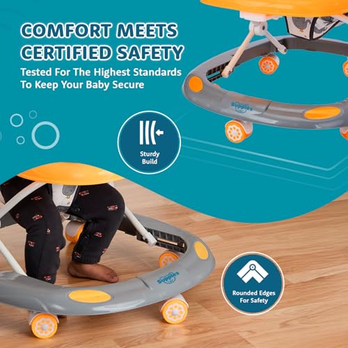 Image of Amazon Brand - Supples Baby Activity Walker with Parental Handle | BIS Certified | 3-Level Height Adjustment, Convertible Toy & Food Tray, Music, 360 Rotating Wheels | for 9+ Months |Grey & Yellow
