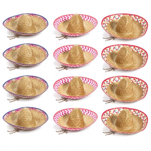Fun Express Mexican Sombrero Hats 12 Pack - Authentic Straw Sombreros for Cinco de Mayo Fiesta Party Decorations | Adult Size Mariachi Style with Embroidered Details & Chin Cord Brown