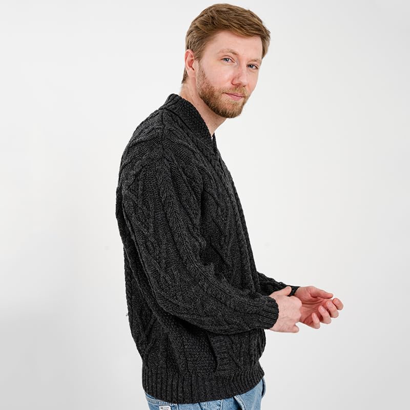 100% Merino Wool Men's Shawl Collar Single Button Irish Cable Knit Sweater Knitwear with Pockets2