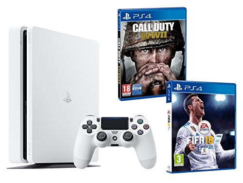 PS4 Slim 500Gb Blanca Playstation 4 Consola - Pack 2 Juegos - FIFA 18 + Call of Duty WW2