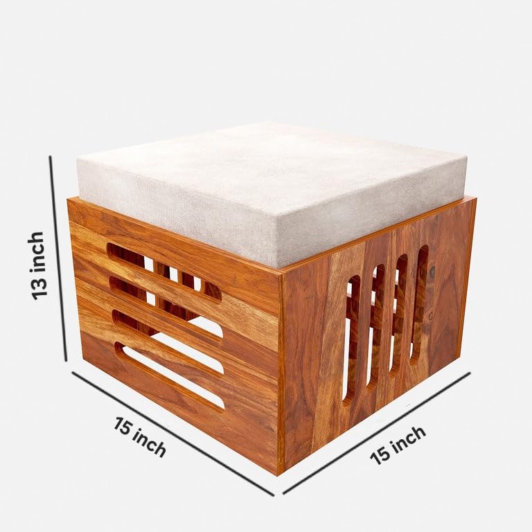 Image of Modern Solid Wood Coffee Table with 4 Cushioned Stools | Space-Saving Center Table Set for Living Room | Multipurpose Tea Table Furniture for Home, Lounge & Apartment Decor | Natural Wood Finish