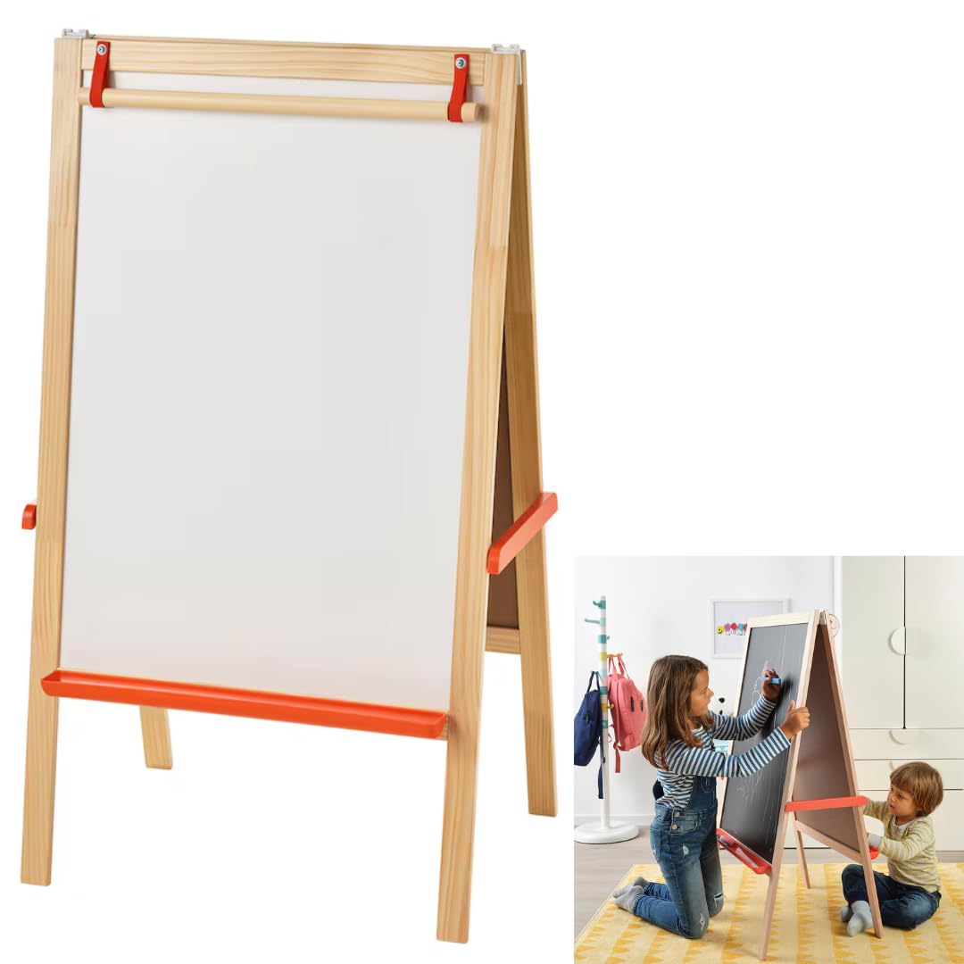MÅLA Easel, softwood Kids Drawing Easel with Blackboard, Whiteboard, Canvas, Folding, Portable, Great Christmas Gifts for Kids